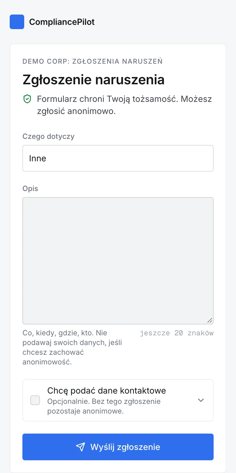 Publiczny formularz zgłoszenia naruszenia na telefonie: wybór kategorii, opis, opcjonalne dane kontaktowe i przycisk Wyślij zgłoszenie.
